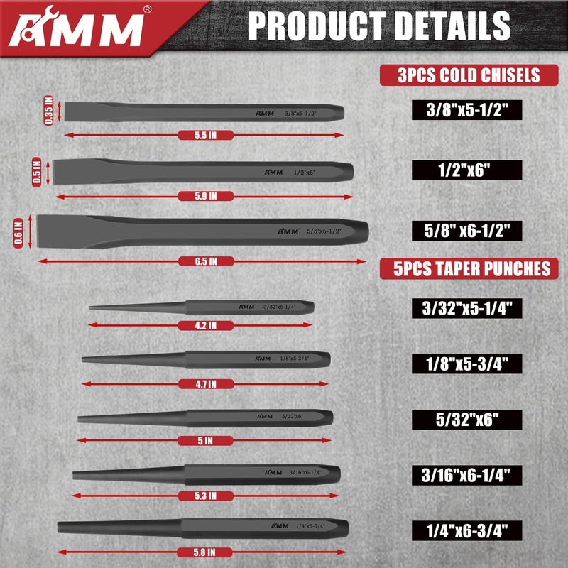 AMM 16PCS Punch and Chisel Set, including Taper Punch, Cold Chisels, Pin Punch and Center Punch, Cr-V for Working with Wood, Metal, Automotive - Image 3